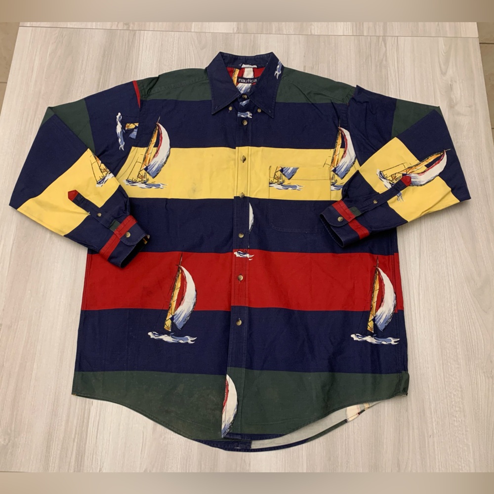 VTG Nautica Long Sleeve Shirt Colorblock Sailboat Men Sz XL